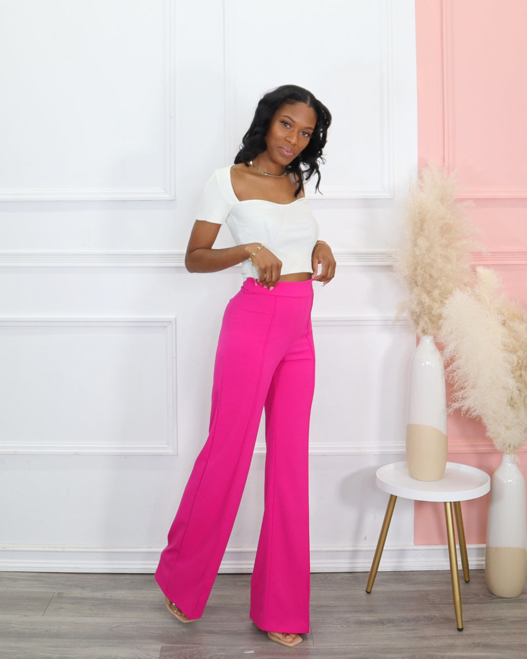 Hot Pink High Waisted Wide Leg Trousers